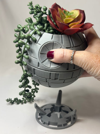 Death Star Succulent Pot with Imperial Stand – A Galactic Display for Star Wars Fans